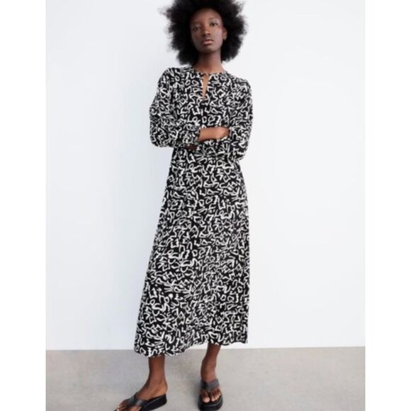 ZARA Black/White Printed Midi Dress, Sz S - Picture 1 of 12
